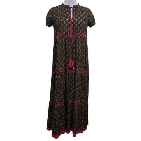 Fusion Printed Cultural Boho Tiered Paisley Midi Dress Olive/Pink Medium NWT - Picture 1 of 14